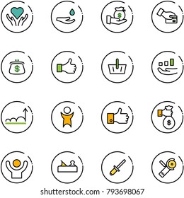 line vector icon set - heart care vector, drop hand, investment, card pay, purse, like, basket, growth, success, finger up, rich, jointer, clinch, Angular grinder