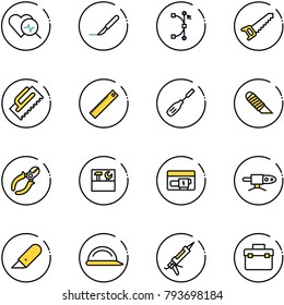 line vector icon set - heart diagnosis vector, scalpel, bezier, saw, trowel, ruler, chisel, work knife, side cutters, tool box, generator, pipe welding, construction helmet, gun sealant
