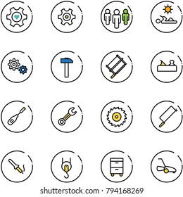 line vector icon set - heart gear vector, group, reading, hammer, bucksaw, jointer, chisel, wrench, saw disk, metal hacksaw, soldering iron, winch, tool cabinet, lawn mower