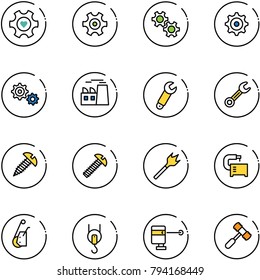 line vector icon set - heart gear vector, plant, wrench, screw, wood drill, machine tool, winch, laser lever, toy hammer