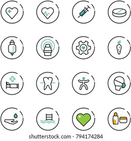 line vector icon set - heart vector, pulse, syringe, pill, drop counter, mri, gear, carrot, hospital bed, tooth, gymnastics, medical mask, hand, pool, uv cream