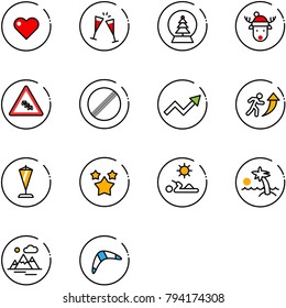 line vector icon set - heart vector, wine glasses, snowball tree, christmas deer hat, multi lane traffic road sign, no limit, growth arrow, career, pennant, stars, reading, palm, mountains