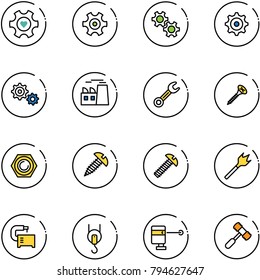 line vector icon set - heart gear vector, plant, wrench, screw, nut, wood drill, machine tool, winch, laser lever, toy hammer
