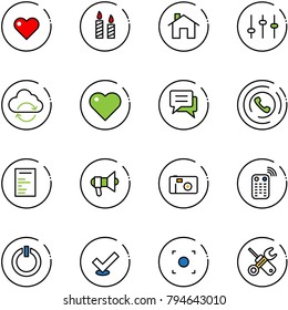 line vector icon set - heart vector, candle, home, settings, refresh cloud, chat, phone horn, document, megaphone, photo, remote control, standby button, check, record, wrench screwdriver
