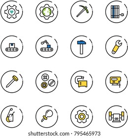 line vector icon set - heart gear vector, globe, job, sun panel, conveyor, hammer, wrench, nail, rivet, machine tool, jig saw, winch, oiler, sharpening