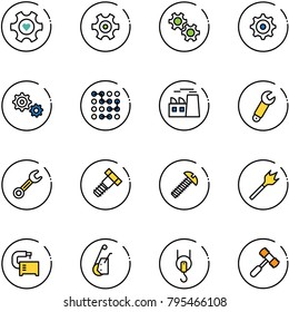 line vector icon set - heart gear vector, circuit, plant, wrench, bolt, screw, wood drill, machine tool, winch, toy hammer