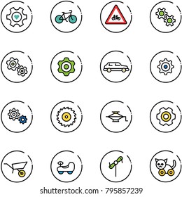 line vector icon set - heart gear vector, bike, road for moto sign, gears, limousine, saw disk, jack, wheelbarrow, baby car, toy windmill, cat