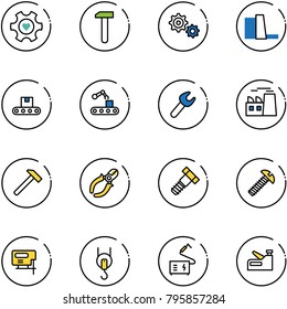 line vector icon set - heart gear vector, work, water power plant, conveyor, wrench, hammer, side cutters, bolt, screw, jig saw, winch, welding, stapler