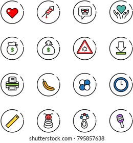 line vector icon set - heart vector, firework rocket, bow message, care, money bag, round motion road sign, download, printer, banana, atom core, clock, ruler, pyramid toy, beanbag