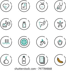 line vector icon set - heart pulse vector, patient card, apple, stethoscope, tonometer, pills bottle, power hand, gymnastics, pool, lemon slice, banana, sweet pepper, onion, milk, breads
