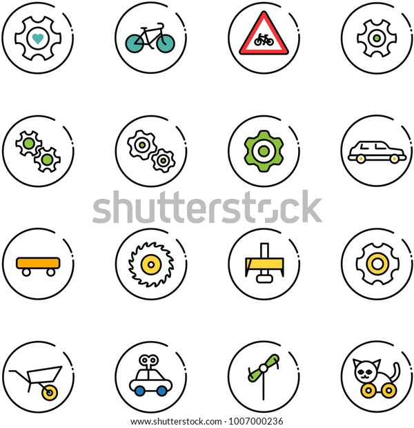 line vector icon set
- heart gear vector, bike, road for moto sign, gears, limousine,
skateboard, saw disk, milling cutter, wheelbarrow, car toy,
windmill, cat