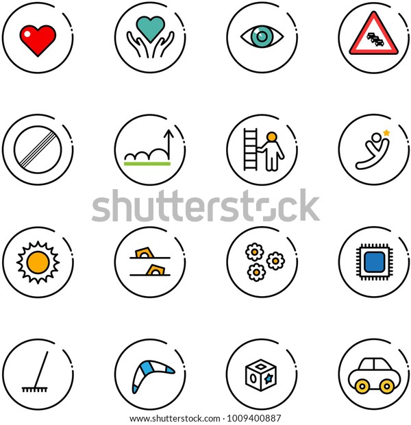line vector\
icon set - heart vector, care, eye, multi lane traffic road sign,\
no limit, growth, opportunity, flying man, sun, flip flops, flower,\
cpu, rake, boomerang, cube toy,\
car