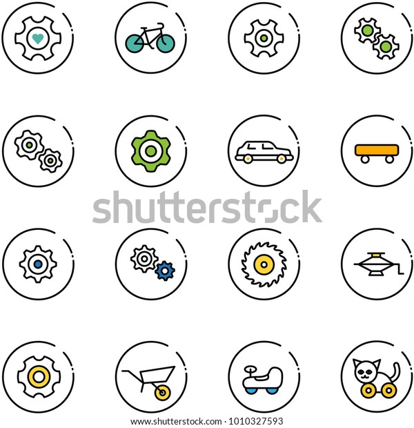 line vector icon set - heart gear vector, bike,
gears, limousine, skateboard, saw disk, jack, wheelbarrow, baby
car, toy cat