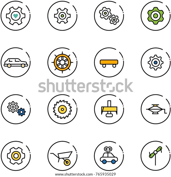 line vector icon set - heart gear vector, gears,\
limousine, hand wheel, skateboard, saw disk, milling cutter, jack,\
wheelbarrow, car toy,\
windmill