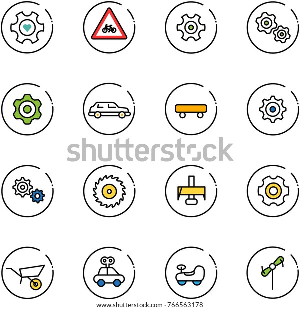 line vector icon set - heart gear\
vector, road for moto sign, gears, limousine, skateboard, saw disk,\
milling cutter, wheelbarrow, car toy, baby,\
windmill