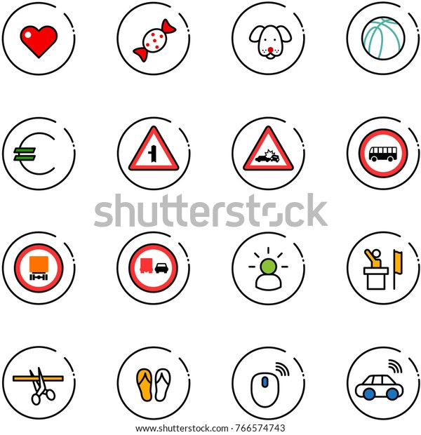 line vector icon set - heart vector, candy, dog,
basketball ball, euro, intersection road sign, car crash, no bus,
dangerous cargo, truck overtake, idea, speaker, opening, flip
flops, mouse wireless