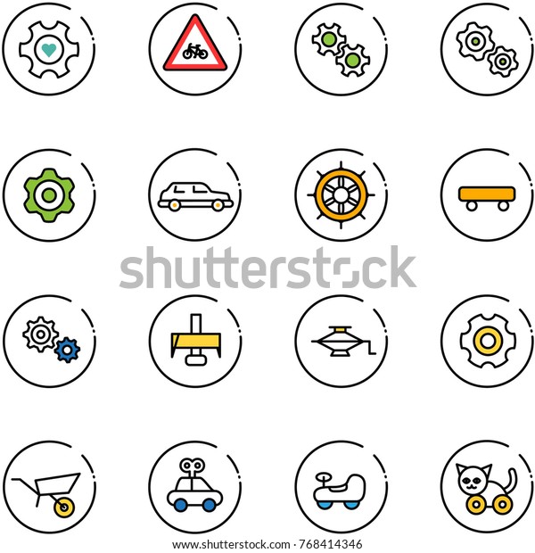 line vector icon set -\
heart gear vector, road for moto sign, gears, limousine, hand\
wheel, skateboard, milling cutter, jack, wheelbarrow, car toy,\
baby, cat