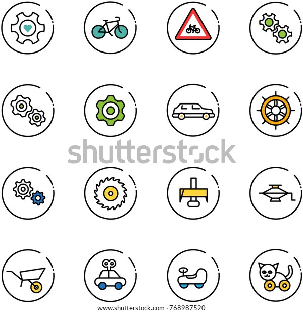 line vector icon set -
heart gear vector, bike, road for moto sign, gears, limousine, hand
wheel, saw disk, milling cutter, jack, wheelbarrow, car toy, baby,
cat