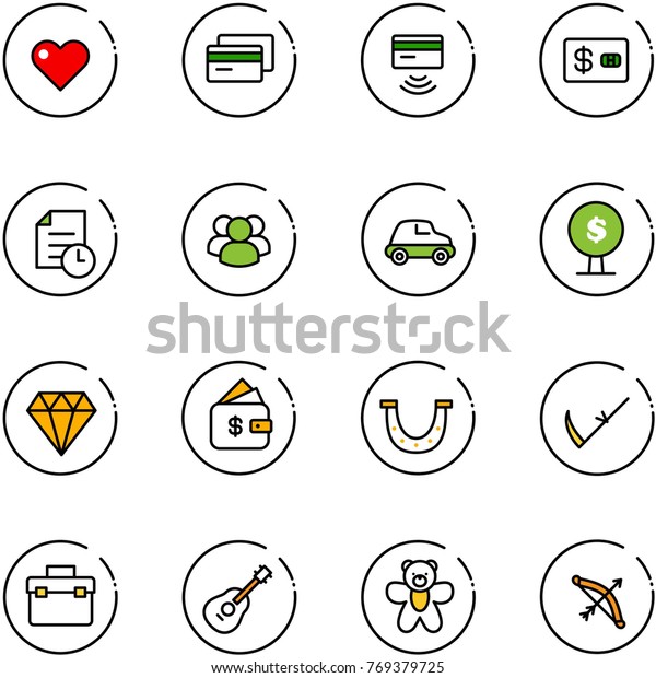 line vector icon set -
heart vector, credit card, tap pay, history, group, car, money
tree, diamond, finance management, luck, scythe, tool box, guitar,
bear toy, bow