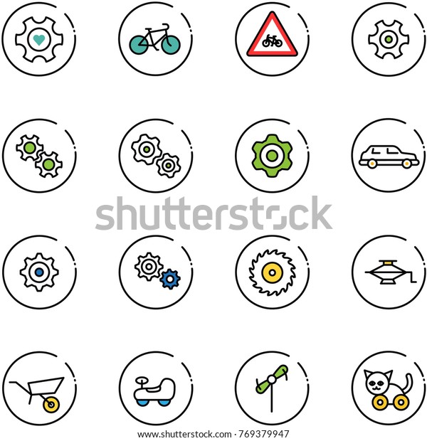 line vector icon set - heart gear vector,\
bike, road for moto sign, gears, limousine, saw disk, jack,\
wheelbarrow, baby car, toy windmill,\
cat