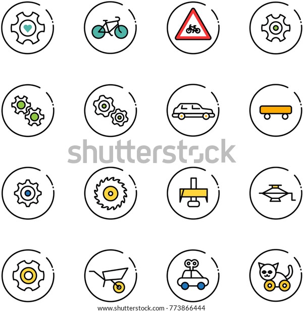 line vector icon set - heart\
gear vector, bike, road for moto sign, gears, limousine,\
skateboard, saw disk, milling cutter, jack, wheelbarrow, car toy,\
cat