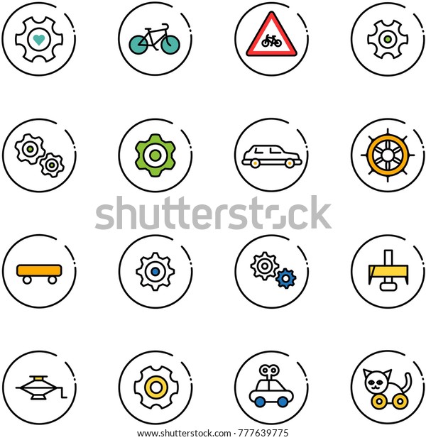 line vector icon set - heart gear vector, bike,\
road for moto sign, gears, limousine, hand wheel, skateboard,\
milling cutter, jack, car toy,\
cat