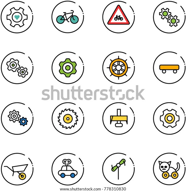 line vector icon set\
- heart gear vector, bike, road for moto sign, gears, hand wheel,\
skateboard, saw disk, milling cutter, wheelbarrow, car toy,\
windmill, cat