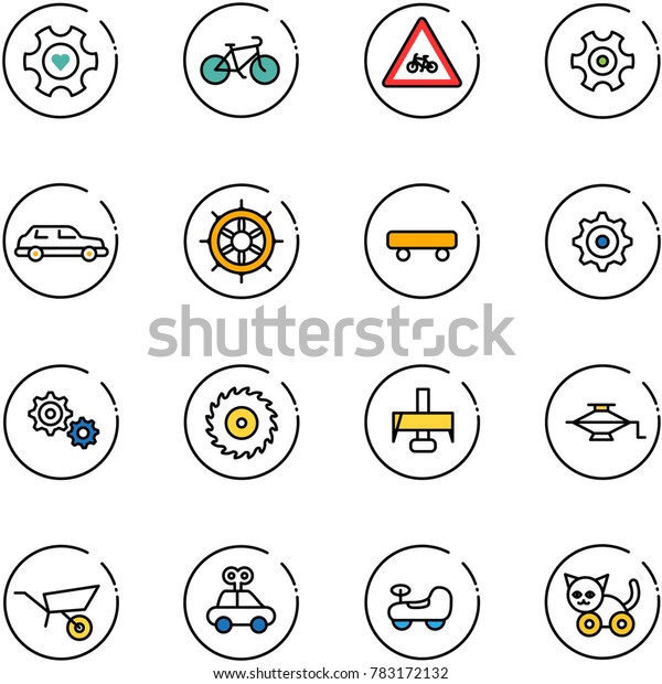 line vector icon set -
heart gear vector, bike, road for moto sign, limousine, hand wheel,
skateboard, saw disk, milling cutter, jack, wheelbarrow, car toy,
baby, cat