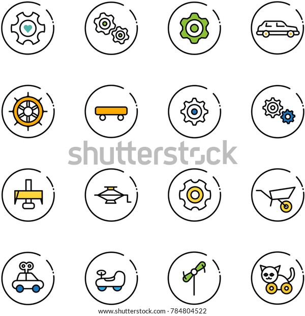 line vector icon set - heart gear vector,\
gears, limousine, hand wheel, skateboard, milling cutter, jack,\
wheelbarrow, car toy, baby, windmill,\
cat