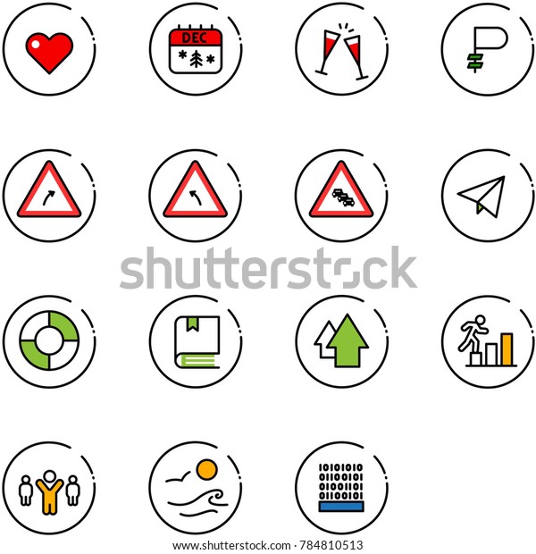 line vector icon set - heart vector, christmas\
calendar, wine glasses, ruble, turn right road sign, left, multi\
lane traffic, paper fly, circle chart, book, arrow up, career, team\
leader, waves