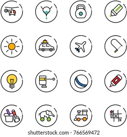 line vector icon set - helicopter vector, bladder, weight, highlight marker, sun, car baggage, plane, fretsaw, bulb, laser lever, ball, shovel bucket, elephant wheel, toy train, Tic tac toe