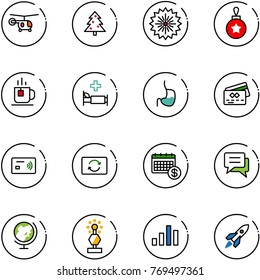 line vector icon set - helicopter vector, christmas tree, firework, ball, tea, hospital bed, stomach, credit card, tap pay, exchange, calendar, chat, globe, award, chart, rocket