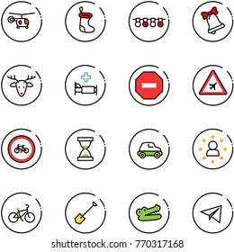 line vector icon set - helicopter vector, christmas sock, garland, bell, deer, hospital bed, no way road sign, airport, bike, sand clock, car, star man, shovel, crocodile, paper plane