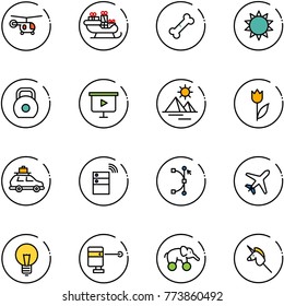 line vector icon set - helicopter vector, santa sleigh, broken bone, sun, weight, presentation board, pyramid, tulip, car baggage, server wireless, bezier, plane, bulb, laser lever, elephant wheel