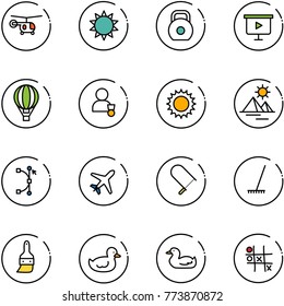 line vector icon set - helicopter vector, sun, weight, presentation board, air balloon, winner, pyramid, bezier, plane, fretsaw, rake, brush, duck toy, Tic tac toe