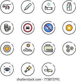 line vector icon set - helicopter vector, thermometer, hospital bed, milk, coin, no car road sign, end minimal speed limit, star medal, sun, reading, sea hotel, flower, eye scanner, dowel