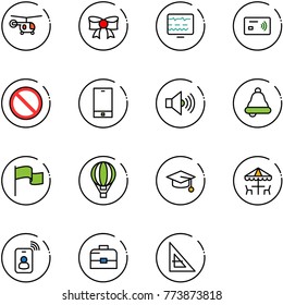 line vector icon set - helicopter vector, bow, diagnostic monitor, tap pay, prohibition road sign, phone, volume max, bell, flag, air balloon, graduate hat, outdoor cafe, identity card, case