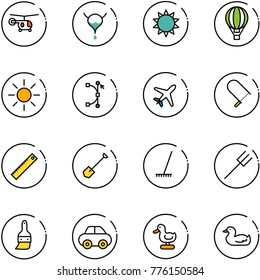 line vector icon set - helicopter vector, bladder, sun, air balloon, bezier, plane, fretsaw, ruler, shovel, rake, farm fork, brush, car, toy duck