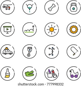 line vector icon set - helicopter vector, bladder, broken bone, weight, presentation board, growth, sun, car baggage, piston, bezier, fretsaw, brush, crocodile, shovel bucket, toy duck