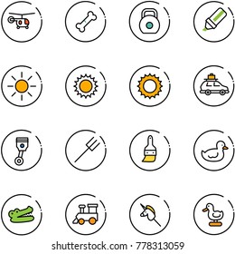 line vector icon set - helicopter vector, broken bone, weight, highlight marker, sun, car baggage, piston, farm fork, brush, duck toy, crocodile, train, unicorn stick