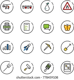 line vector icon set - helicopter vector, garland, pear, Road narrows sign, printer, document, dialog, butterfly, chart, rocket, axe, shovel, farm fork, paint roller, beanbag, game console