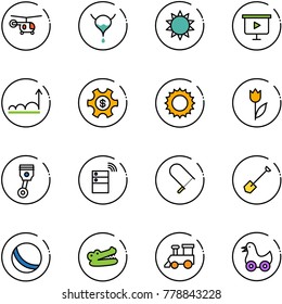 line vector icon set - helicopter vector, bladder, sun, presentation board, growth, money managemet, tulip, piston, server wireless, fretsaw, shovel, ball, crocodile, toy train, duck