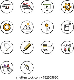 line vector icon set - helicopter vector, santa sleigh, presentation board, money managemet, sun, pyramid, tulip, server wireless, fretsaw, pencil, laser lever, shovel fork toy, bucket