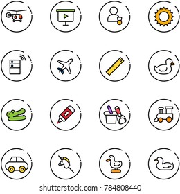 line vector icon set - helicopter vector, presentation board, winner, sun, server wireless, plane, ruler, duck toy, crocodile, marker, shovel bucket, train, car, unicorn stick