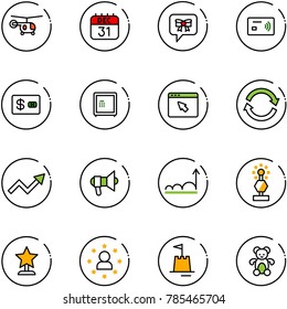 line vector icon set - helicopter vector, 31 dec calendar, bow message, tap pay, credit card, safe, cursor browser, refresh, growth arrow, megaphone, award, star man, sand castle, bear toy