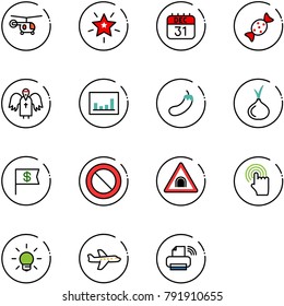 line vector icon set - helicopter vector, christmas star, 31 dec calendar, candy, angel, statistics, eggplant, onion, dollar flag, prohibition road sign, tunnel, hand cursor, bulb, plane