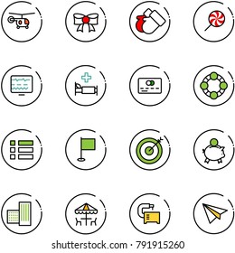line vector icon set - helicopter vector, bow, gloves, lollipop, diagnostic monitor, hospital bed, credit card, friends, menu, flag, target, piggy bank, building, outdoor cafe, machine tool