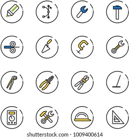line vector icon set - highlight marker vector, bezier, wrench, hammer, steel rolling, trowel, clamp, plumber, pliers, bolt cutter, rake, multimeter, construction helmet, corner ruler