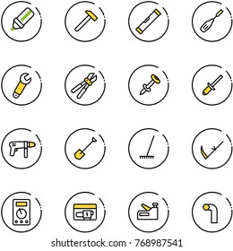 line vector icon set - highlight marker vector, hammer, level, chisel, wrench, bolt cutter, nail dowel, clinch, drill machine, shovel, rake, scythe, multimeter, generator, stapler, allen key