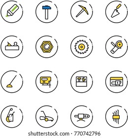 line vector icon set - highlight marker vector, hammer, axe, trowel, jointer, nut, saw disk, Angular grinder, hoe, jig, tool box, generator, winch, lawn mower, pipe welding, allen key set